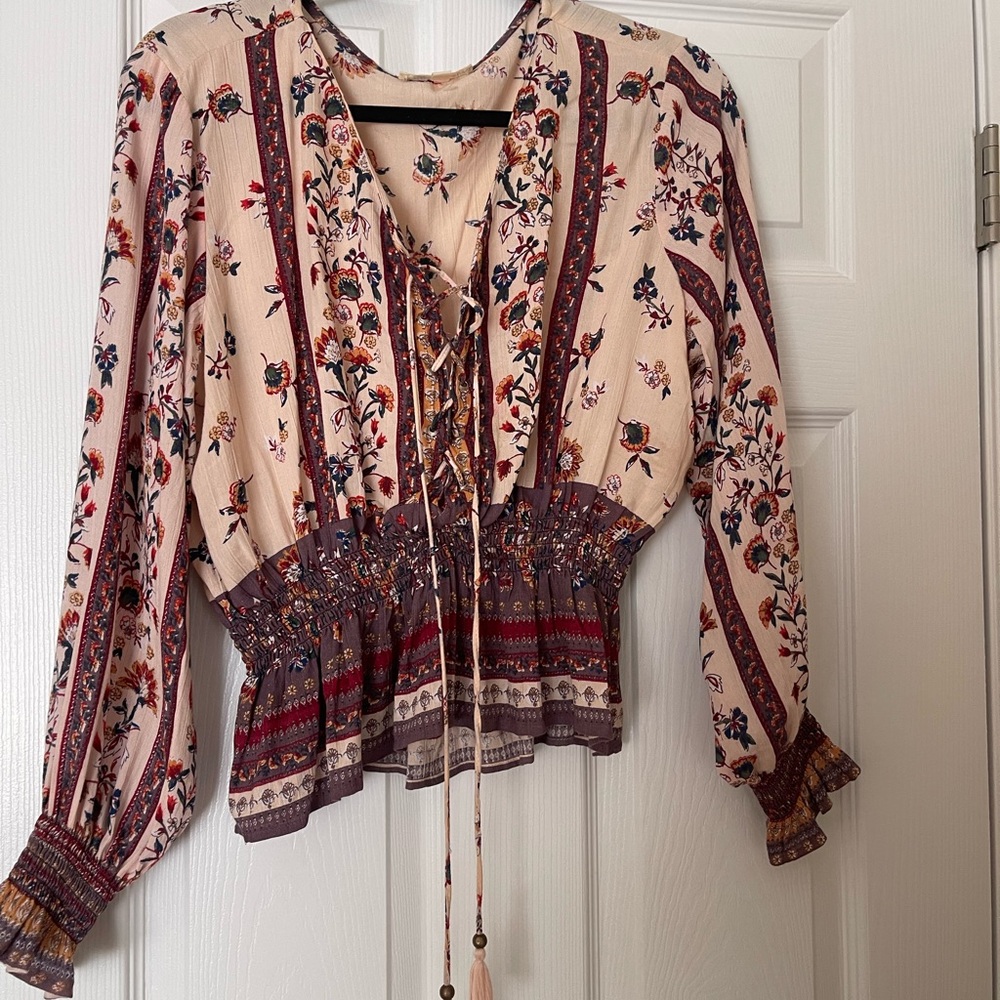 Boho Floral Lace-Up Blouse - Cream and Brown
